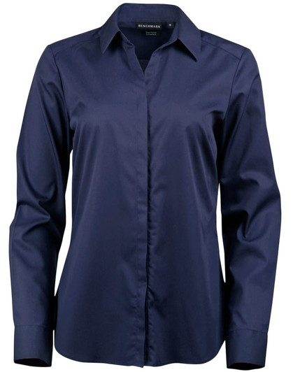 A navy blue button-up shirt with a collar, featuring long sleeves and a sleek, smooth fabric. It has a logo detail.