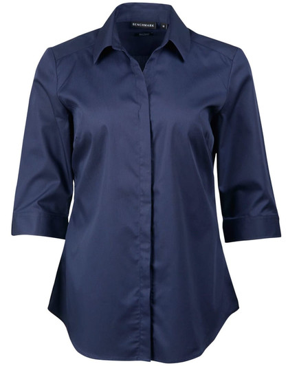 A navy blue button-up shirt with 3/4 sleeves and a modern fit, featuring a logo on the collar.