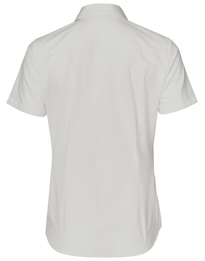 A short-sleeved ladies' shirt in light grey with a button-up front and a logo. Features a dobby striped design.