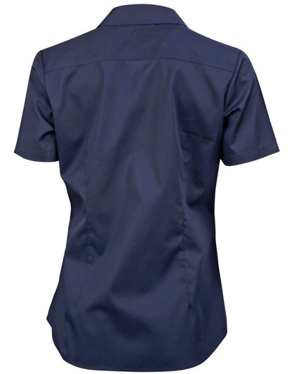 A navy button-up shirt with short sleeves and a dobby striped design on the back. Features a small pocket.