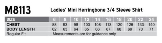 A chart displaying sizes and measurements for a women's mini herringbone 3/4 sleeve shirt in various sizes.