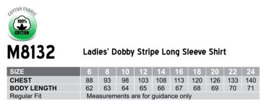 A long sleeve women's shirt with a dobby stripe pattern, made from 100% cotton, available in various sizes.