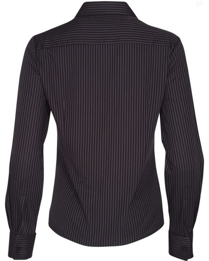 A women's long sleeve button-up shirt in dark grey with a dobby stripe pattern, featuring a collar and long sleeves.
