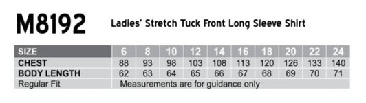 A chart displaying size measurements for the Women's Stretch Tuck Front Long Sleeve Shirt, including chest and body length.