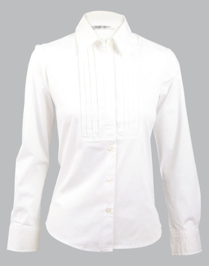 A white long sleeve button-up shirt featuring tuck front detail and a collar, with a branding logo.