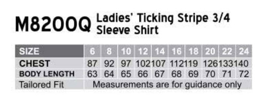 A chart displaying sizing and measurements for a women's ticking stripe 3/4 sleeve button-up shirt with a tailored fit.
