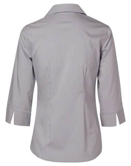 A women's button-up shirt featuring a grey and white ticking stripe design with 3/4 sleeves and a collar.