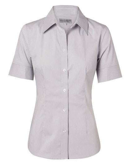 A short-sleeved button-up shirt featuring a grey and white ticking stripe pattern. It has a classic collar and a fitted silhouette.