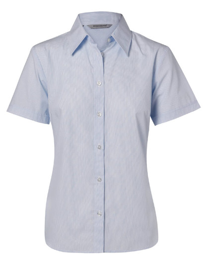 A light blue women's button-up shirt with short sleeves and a fine stripe pattern. It features a collar and buttons down the front.