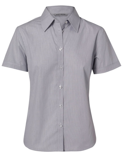 A women's short-sleeve button-up shirt featuring fine stripes in grey with a collar and buttons down the front.