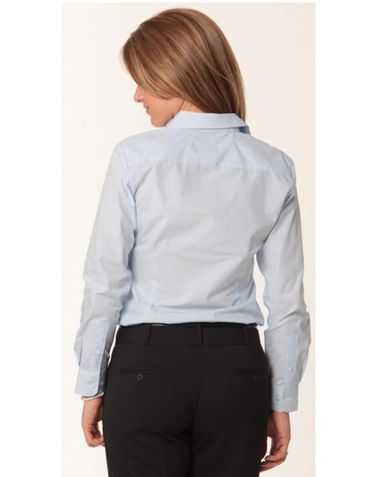 A women's long sleeve shirt in light blue with fine stripes, featuring a button-up design and a collared neckline.