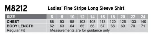 A chart displaying sizes and measurements for a women's fine stripe long sleeve shirt. Features a regular fit.