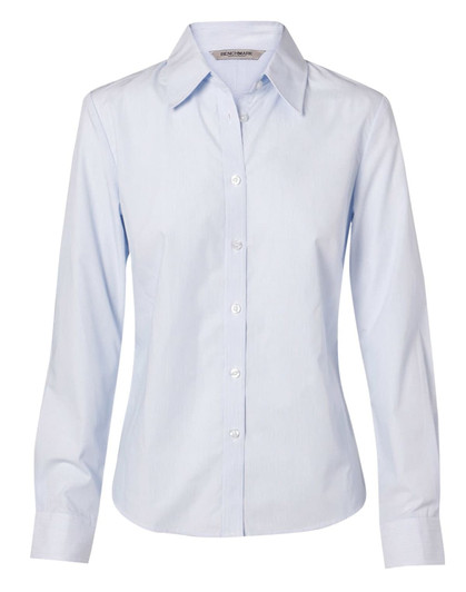 A light blue, fine stripe long sleeve button-up shirt for women, featuring a collar and button front.