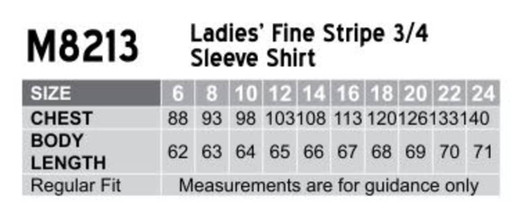 A size chart for the Women's Fine Stripe 3/4 Sleeve Shirt displaying measurements in centimetres for various sizes.