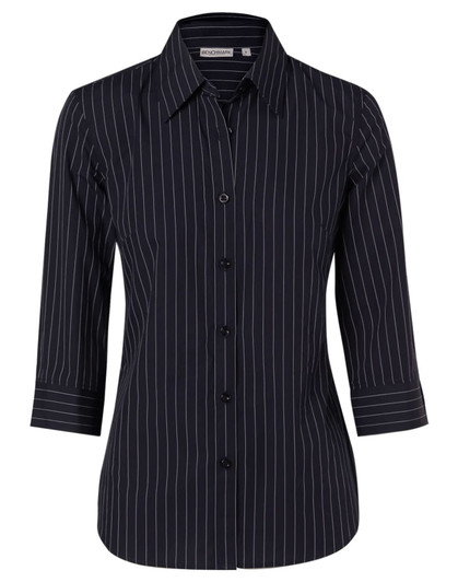 A women's navy pinstripe button-up shirt with 3/4 sleeves and a collar, featuring a logo.