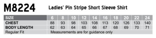 A table displaying size measurements for a women's pin stripe short sleeve shirt, featuring regular fit options.