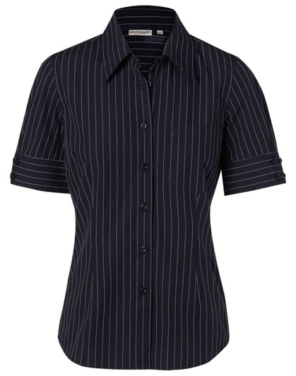 A black women's short sleeve button-up shirt featuring a pinstripe pattern and a chest pocket.