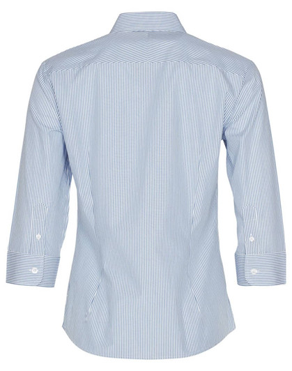 A blue and white striped women's button-up shirt with 3/4 sleeves and a back view. Features a logo.