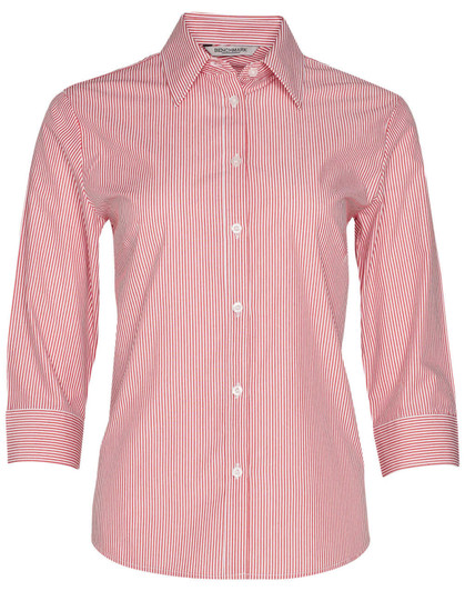 A women's button-up shirt with a red and white stripe pattern and 3/4 sleeves. Features a collar and buttons.