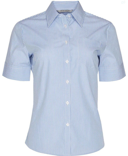 A blue and white striped women's short sleeve button-up shirt featuring a collar and a logo.