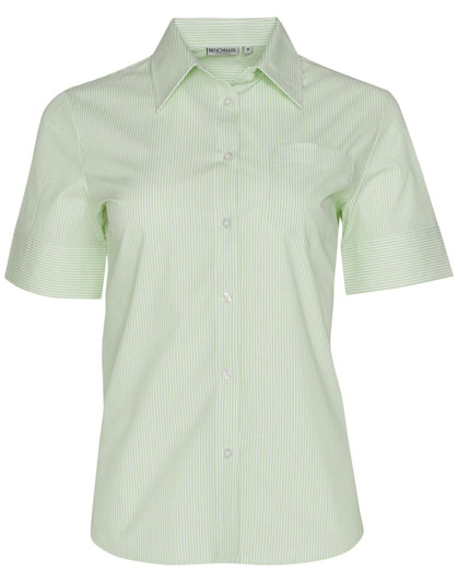 A light green striped short sleeve button-up shirt featuring a collar and a small pocket.