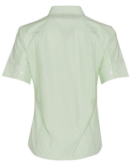 A light green button-up shirt with short sleeves and a striped pattern, featuring a logo on the back.