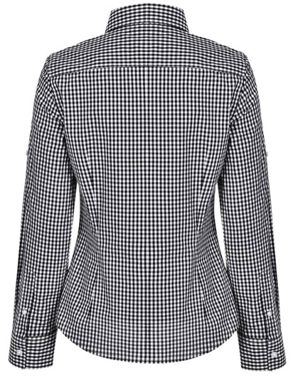 A black and white gingham check women's roll-up long sleeve button-up shirt, featuring a fitted design and collar.