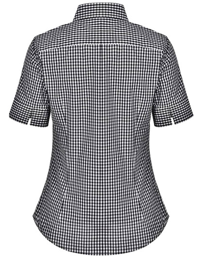 A black and white gingham check short-sleeve button-up shirt with a fitted design and a logo on the back.