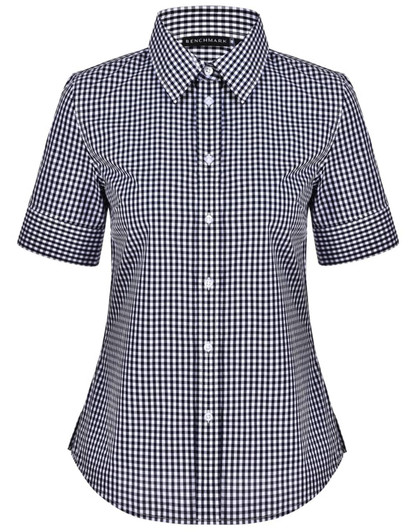 A button-up shirt featuring a black and white gingham check pattern and short sleeves. It has a collar and a logo.