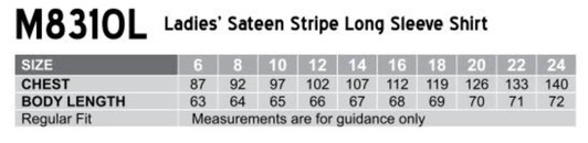 A size chart for a women's sateen stripe long sleeve shirt, listing chest measurements and body lengths in various sizes.