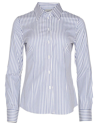 A button-up shirt featuring blue and white sateen stripes with a collared neckline and long sleeves. It has a logo on the label.