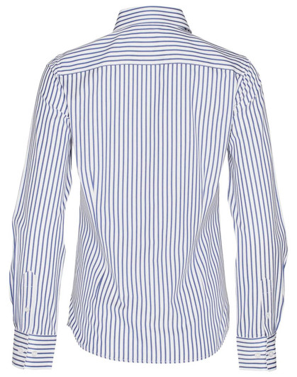 A button-up shirt with long sleeves featuring blue and white sateen stripes and a logo on the back.