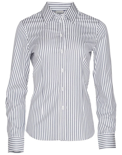 A women's long-sleeve button-up shirt featuring a blue and white sateen stripe pattern. The shirt has a collar and a logo.