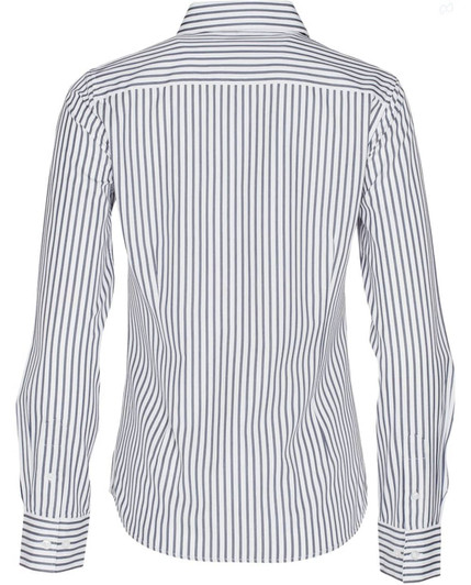 A back view of a women's long-sleeve button-up shirt featuring a blue and white sateen stripe pattern.