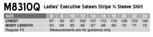 A chart displaying size measurements for a women's sateen stripe 3/4 sleeve shirt in various sizes.