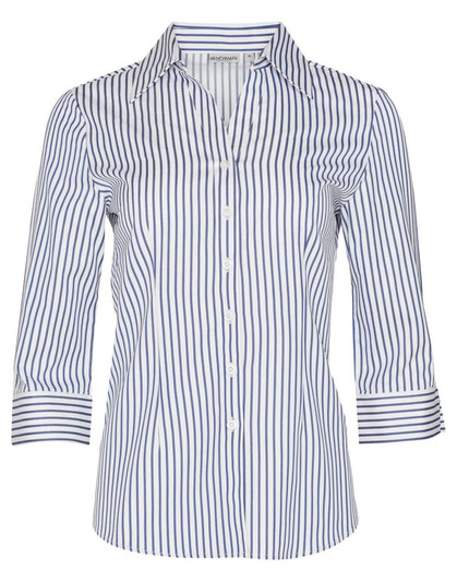 A women's button-up shirt featuring blue and white sateen stripes with 3/4 sleeves and a collar.