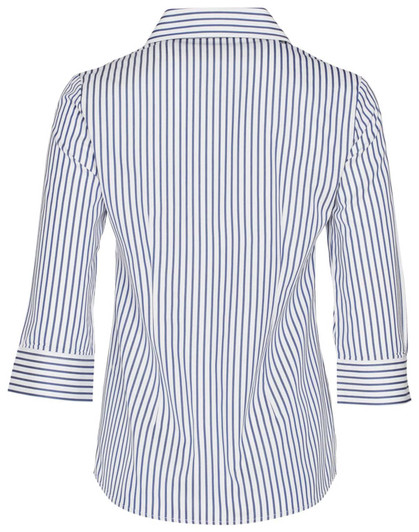 A women's 3/4 sleeve shirt featuring blue and white stripes, with a collar and button-up design. It has a logo.