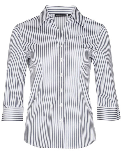 A women's button-up shirt featuring blue and white sateen stripes and 3/4 sleeves. It has a collar and buttons.
