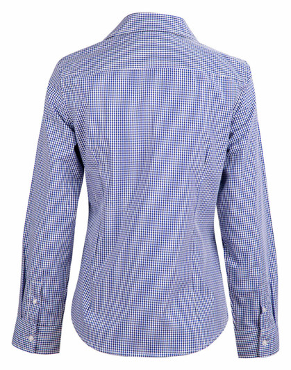 A ladies' long-sleeve button-up shirt in blue and white check pattern with a collar and a logo.
