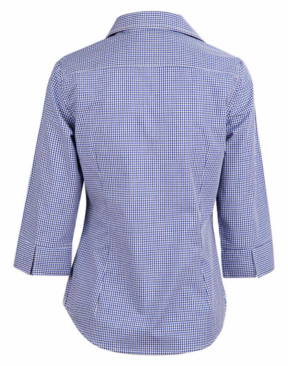 A two-tone check button-up shirt with 3/4 sleeves, featuring a blue and white pattern and a collar.