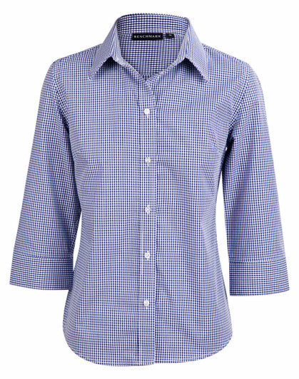 A blue and white check 3/4 sleeve button-up shirt featuring an embroidered logo on the collar.