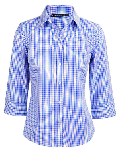 A blue and white check pattern button-up shirt with 3/4 sleeves. The shirt features a collar and a logo.
