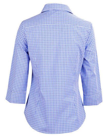 A blue and white check 3/4 sleeve button-up shirt with a stylish back design. Features a logo on the fabric.