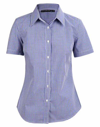 A ladies' short-sleeve button-up shirt featuring a blue and white check pattern, designed with a fitted shape.