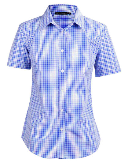 A ladies' short-sleeve button-up shirt in blue and white check pattern, featuring a fitted design and collar.