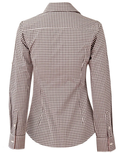 A women's long-sleeve roll-up shirt featuring a brown and white gingham check pattern, with a fitted design and a collar.