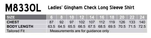 A table displaying sizing and measurements for a women's gingham check long sleeve shirt in various sizes.