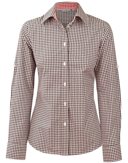 A women's long-sleeve button-up shirt featuring a brown and white gingham check pattern, with roll-up sleeves.