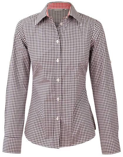 A women's long-sleeve button-up shirt in black and white gingham check pattern, featuring roll-up sleeves and a collar.