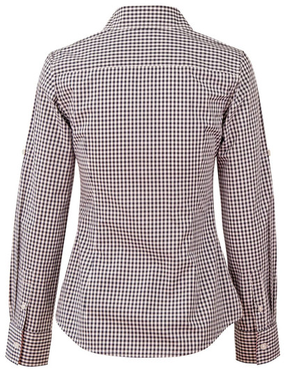 A women's long-sleeve shirt in a brown and white gingham check pattern with roll-up sleeves and a fitted design.